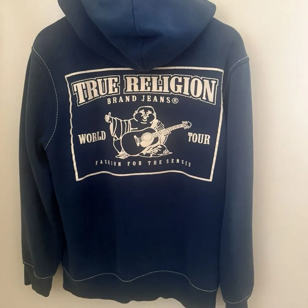 True Religion Big T Zip Up Hoodie Posiedon Blue Full Zip Jacket Medium